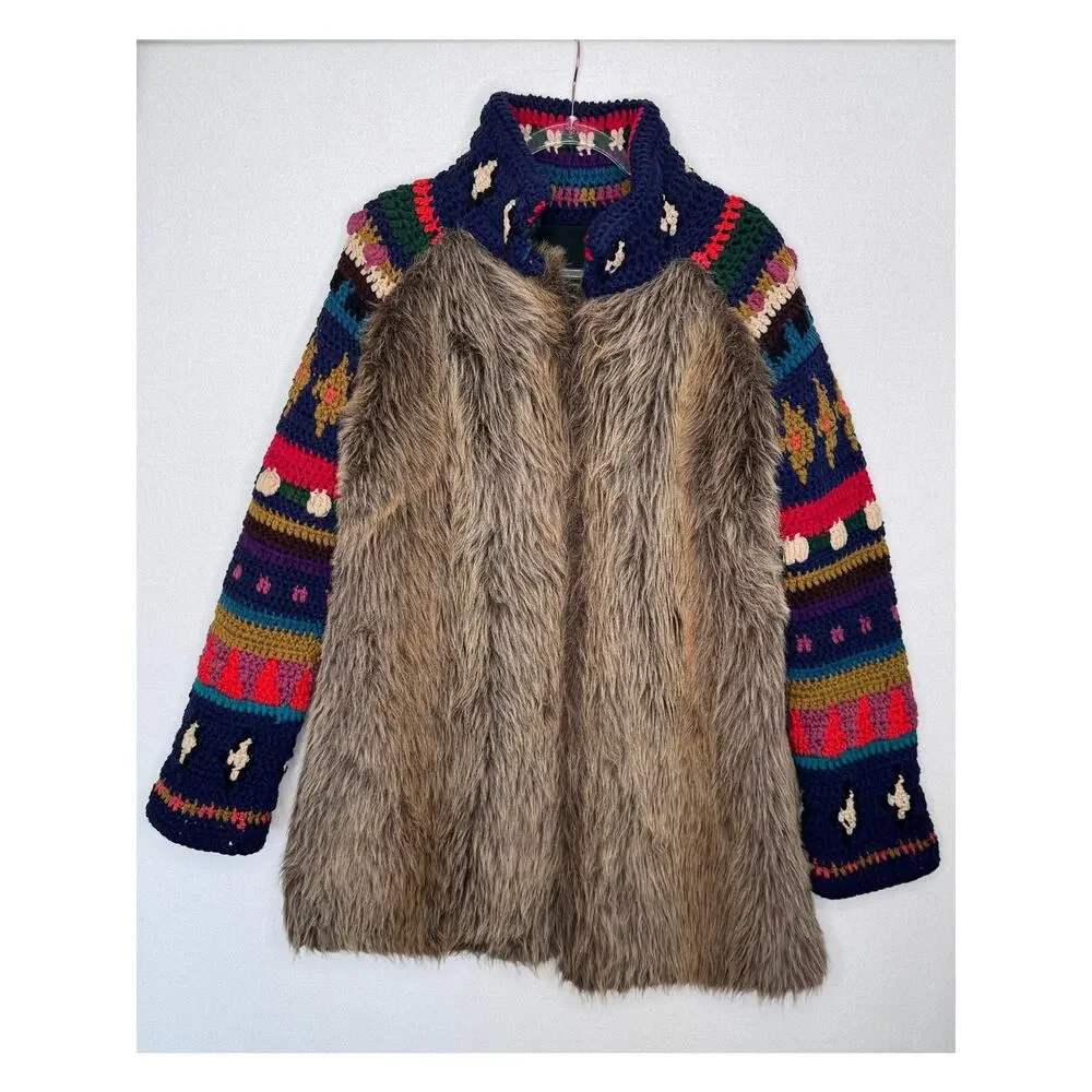 Handmade Upcycled Faux Fur Crochet Coat Boho Folk Art Festival Jacket Unisex M/L